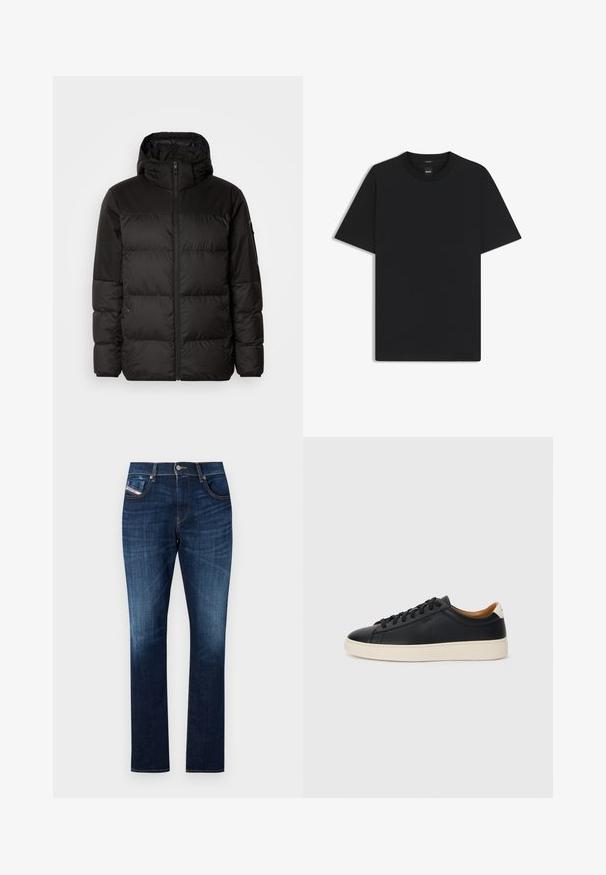 Musta puhvijakku sisältää vetoketjun, hupun, tilkuista koostuvia osioita ja joustavat hihansuut. Se on valmistettu sileästä, vedenpitävästä materiaalista.; Musta lyhythiha T-paita, joka on valmistettu sileästä puuvillasekoitteesta. Paita on varustettu pyöreällä pääntiehen ja siinä on minimaalinen muotoilu ilman kuvioita tai yksityiskohtia.; Tummansiniset farkut, joissa on suora leikkaus, viiden taskun muotoilu, hienovarainen kulutusjälki ja kontrastiväriset ompeleet saumoissa.; Mustat nahkasneakerit, joissa on sileä pinta, beige kumipohja, nauhakiinnitys ja erottuva kanta-aksentti.