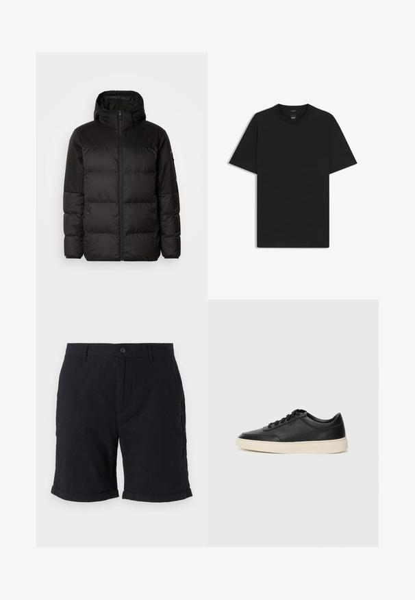 Black puffer jacket features a zip closure, a hood, quilted sections, and elastic cuffs, made from a smooth, water-resistant material.; Black short-sleeve T-shirt made from a smooth cotton blend, featuring a crew neckline and a minimalistic design with no patterns or accents.; Black linen shorts with a button closure, featuring rolled hems and side pockets, offering a textured finish and casual design.; Black low-top leather sneaker with black laces and off-white sole shown in side profile on white background.