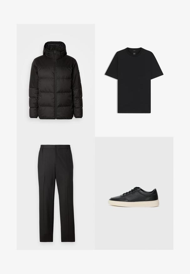 Zwarte pufferjas met ritsluiting, een capuchon, gequiltte secties en elastische manchetten, gemaakt van een glad, waterafstotend materiaal.; Zwarte korte mouwen T-shirt van een gladde katoenmix, met een ronde halslijn en een minimalistisch ontwerp zonder patronen of accenten.; Zwarte broek met een rechte pijpdesign, elastische tailleband met knoopsluiting, vlakke voorkant en gladde stofstructuur.; Zwarte leren sneaker met lage schacht, zwarte veters en off-white zool, weergegeven in zijprofiel op een witte achtergrond.