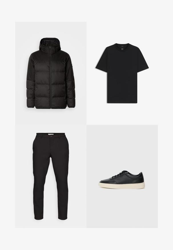 Musta puhvijakku sisältää vetoketjun, hupun, tilkuista koostuvia osioita ja joustavat hihansuut. Se on valmistettu sileästä, vedenpitävästä materiaalista.; Musta lyhythiha T-paita, joka on valmistettu sileästä puuvillasekoitteesta. Paita on varustettu pyöreällä pääntiehen ja siinä on minimaalinen muotoilu ilman kuvioita tai yksityiskohtia.; Musta räätälöity housut slim-fit -tyylillä. Ominaisuuksiin kuuluvat vetoketjukiinnitys, napin sulku, sivutaskut ja sileä, kevyt kangas.; Musta matalavartinen nahkastretchu, jossa on mustat nauhat ja vaaleanharmaa pohja, esitetty sivuprofiilissa valkoista taustaa vasten.