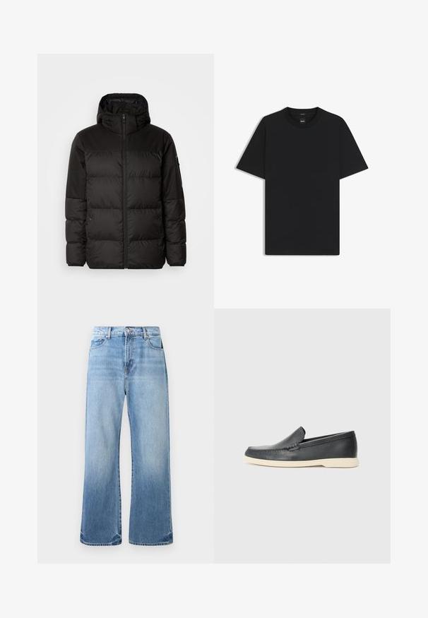 Il giubbotto puffo nero presenta una chiusura con zip, un cappuccio, sezioni trapuntate e polsini elastici, realizzato in un materiale liscio e resistente all'acqua.; Maglietta nera a maniche corte realizzata in un morbido misto cotone, con scollatura a girocollo e un design minimalista senza motivi o dettagli.; Jeans in denim blu chiaro con un design a gamba dritta, finitura sbiadita, stile a cinque tasche e cuciture a contrasto. Dettagli sfilacciati sull'orlo.; Mocassini neri in pelle con finitura testurizzata e suola in gomma beige a contrasto. Presentano un accento sottile lungo la parte anteriore.