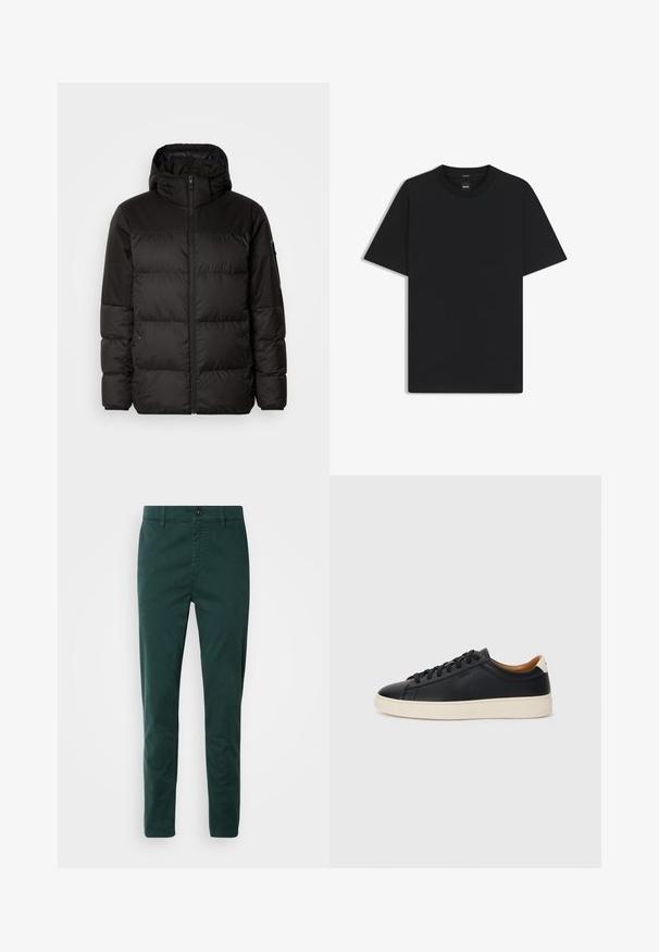 Musta puhvijakku sisältää vetoketjun, hupun, tilkuista koostuvia osioita ja joustavat hihansuut. Se on valmistettu sileästä, vedenpitävästä materiaalista.; Musta lyhythiha T-paita, joka on valmistettu sileästä puuvillasekoitteesta. Paita on varustettu pyöreällä pääntiehen ja siinä on minimaalinen muotoilu ilman kuvioita tai yksityiskohtia.; Tummanvihreät chinot, jotka on valmistettu puuvillasta, suoralla leikkuulla, etutaskuilla, vetoketjulla ja ruskealla napilla vyötäröllä.; Mustat nahkasneakerit, joissa on sileä pinta, beige kumipohja, nauhakiinnitys ja erottuva kanta-aksentti.