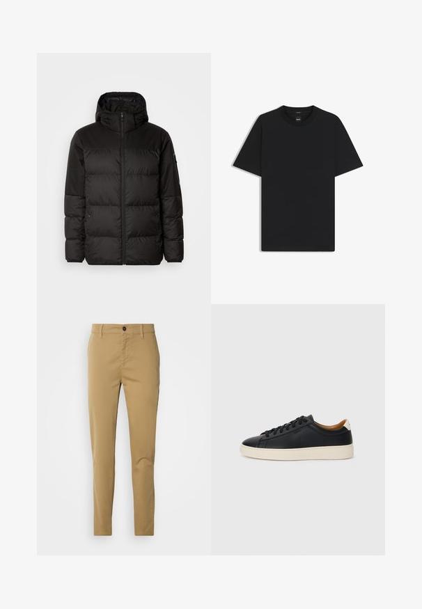 Svart puffjacka med blixtlås, huva, quiltade sektioner och elastiska mudd, tillverkad av ett slätt, vattentåligt material.; Svart kortärmad T-shirt i en mjuk bomullsblandning, med rundad halsringning och en minimalistisk design utan mönster eller detaljer.; Kaki byxor i bomull. Slim fit-design med en slät textur, framfickor och en enkel knappstängning i midjan.; Svarta lädersneakers med en slät yta, beige gummisula, snörning och en kontrasterande hälackcent.