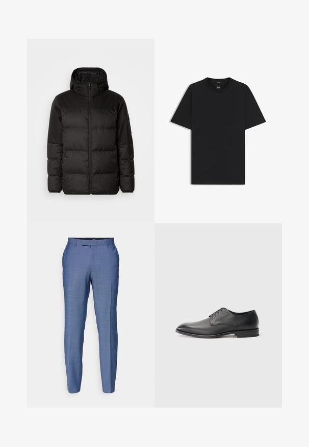 Schwarze Pufferjacke mit Reißverschluss, Kapuze, gesteppten Abschnitten und elastischen Bündchen, hergestellt aus einem glatten, wasserabweisenden Material.; Schwarz T-Shirt mit kurzen Ärmeln aus einem glatten Baumwollmix, mit Rundhalsausschnitt und einem minimalistischen Design ohne Muster oder Akzente.; Helle blaue, maßgeschneiderte Hosen aus strukturiertem Stoff. Sie verfügen über eine flache Vorderseite, schmale Beine und einen Reißverschluss mit Hakenverschluss.; Schwarzer Leder-Herrenschuh mit Schnürsenkeln, flachem Absatz und glatter, leicht strukturierter Oberfläche auf weißem Hintergrund.