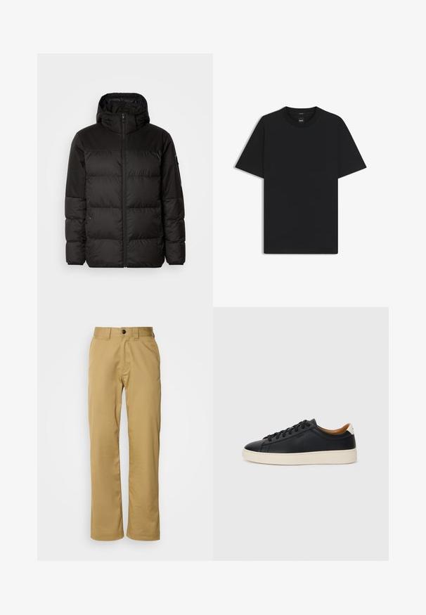 Svart puffjacka med blixtlås, huva, quiltade sektioner och elastiska mudd, tillverkad av ett slätt, vattentåligt material.; Svart kortärmad T-shirt i en mjuk bomullsblandning, med rundad halsringning och en minimalistisk design utan mönster eller detaljer.; Beiga byxor i slätt tyg, med normal passform, två sidofickor och en enda knappstängning i midjan.; Svarta lädersneakers med en slät yta, beige gummisula, snörning och en kontrasterande hälackcent.