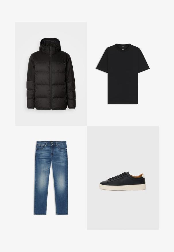 Czarna kurtka puchowa z zapięciem na zamek, kapturem, pikowanymi sekcjami i elastycznymi mankietami, wykonana z gładkiego, wodoodpornego materiału.; Czarny t-shirt krótki rękaw wykonany z gładkiej mieszanki bawełny, z okrągłym dekoltem i minimalistycznym designem bez wzorów czy akcentów.; Niebieskie dżinsy o prostym kroju, z delikatnym wyblaknięciem, zapinane na guzik oraz standardowe kieszenie. Wyraźnie widoczna metka z logo na pasku.; Czarne skórzane trampki o gładkiej fakturze, jasnobrązowa gumowa podeszwa, sznurowana konstrukcja i kontrastujący akcent na pięcie.