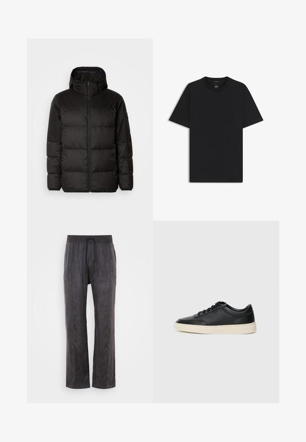 Svart puffjacka med blixtlås, huva, quiltade sektioner och elastiska mudd, tillverkad av ett slätt, vattentåligt material.; Svart kortärmad T-shirt i en mjuk bomullsblandning, med rundad halsringning och en minimalistisk design utan mönster eller detaljer.; Svart byxor i mjukt tyg med en slät struktur, featuring en elastisk midja och snörning, vida ben och sid-seams.; Svart låg skor i läder med svarta snören och off-white sula, visas i sidoprofil på vit bakgrund.