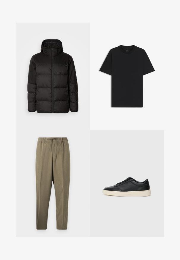 Il giubbotto puffo nero presenta una chiusura con zip, un cappuccio, sezioni trapuntate e polsini elastici, realizzato in un materiale liscio e resistente all'acqua.; Maglietta nera a maniche corte realizzata in un morbido misto cotone, con scollatura a girocollo e un design minimalista senza motivi o dettagli.; Pantaloni in corduroy taupe con vita elasticizzata, passanti per cintura e cordoncino, taglio dritto su sfondo bianco semplice.; Sneaker in pelle nera a basso profilo con lacci neri e suola avorio, mostrato di profilo su sfondo bianco.
