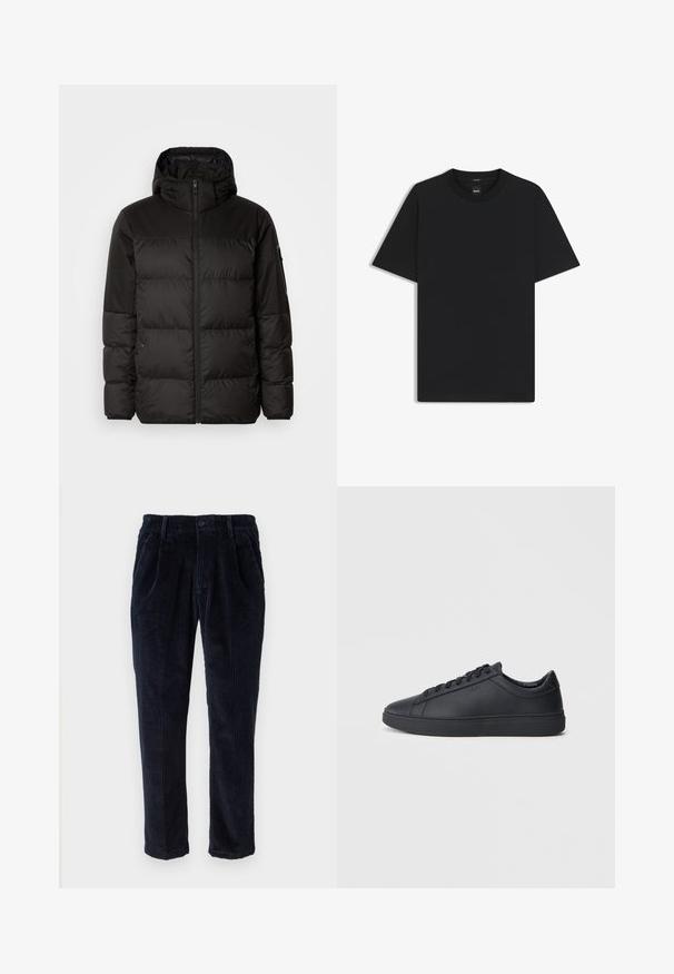 Il giubbotto puffo nero presenta una chiusura con zip, un cappuccio, sezioni trapuntate e polsini elastici, realizzato in un materiale liscio e resistente all'acqua.; Maglietta nera a maniche corte realizzata in un morbido misto cotone, con scollatura a girocollo e un design minimalista senza motivi o dettagli.; Pantaloni in corduroy blu navy con chiusura a bottone e zip, tasche laterali e vestibilità dritta su uno sfondo bianco.; Sneakers neri realizzati in pelle liscia, con design a bassa cima, punta rotonda e suola piatta in gomma. Presentano lacci e un branding discreto.