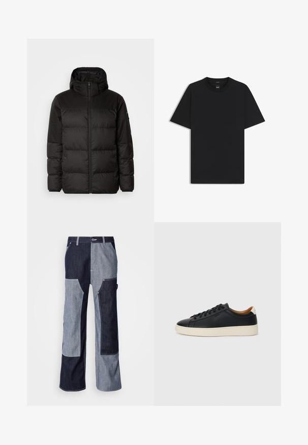 Svart puffjacka med blixtlås, huva, quiltade sektioner och elastiska mudd, tillverkad av ett slätt, vattentåligt material.; Svart kortärmad T-shirt i en mjuk bomullsblandning, med rundad halsringning och en minimalistisk design utan mönster eller detaljer.; Jeans med patchworkdesign i olika nyanser av mörk och ljusblått, med kontrasterande sömmar och breda, raka ben.; Svarta lädersneakers med en slät yta, beige gummisula, snörning och en kontrasterande hälackcent.
