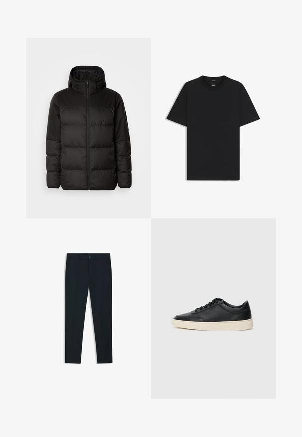 Czarna kurtka puchowa z zapięciem na zamek, kapturem, pikowanymi sekcjami i elastycznymi mankietami, wykonana z gładkiego, wodoodpornego materiału.; Czarny t-shirt krótki rękaw wykonany z gładkiej mieszanki bawełny, z okrągłym dekoltem i minimalistycznym designem bez wzorów czy akcentów.; Granatowe, dopasowane spodnie wykonane z gładkiego materiału; posiadają przednie kieszenie, szlufki na pasek i zapięcie na guzik. Prosty krój nogawki.; Czarne niskie skórzane sneakersy z czarnymi sznurówkami i off-white podeszwą, prezentowane w profilu bocznym na białym tle.