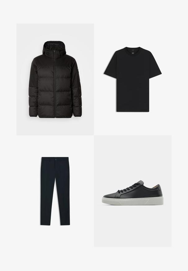 Zwarte pufferjas met ritsluiting, een capuchon, gequiltte secties en elastische manchetten, gemaakt van een glad, waterafstotend materiaal.; Zwarte korte mouwen T-shirt van een gladde katoenmix, met een ronde halslijn en een minimalistisch ontwerp zonder patronen of accenten.; Marineblauwe, op maat gemaakte broeken van een gladde stof; voorzien van steekzakken, riemlussen en een knoopsluiting. Rechtaf lopend ontwerp.; Zwarte leren sneaker met een gladde textuur, ronde neus en zwarte veters. Heeft een dikke, witte rubberen zool met subtiele geometrische accenten.