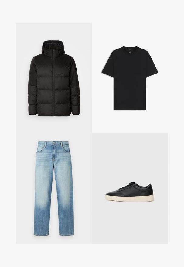 Sort pufferjakke med lynlås, hætte, quiltede sektioner og elastiske manchetter, lavet af et glat, vandafvisende materiale.; Sort kortærmet T-shirt lavet af en glat bomuldsblanding, med en rund halsudskæring og et minimalistisk design uden mønstre eller accenter.; Lys blå denim jeans med lige pasform, med subtil falming, fem lommer og knaplukning. Mellemhøj talje.; Sort lavt top lædersneaker med sorte snørebånd og off-white sål vist i sideprofil på hvid baggrund.