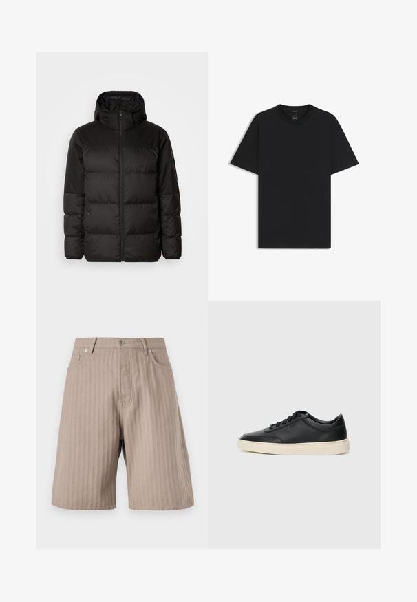 Musta puhvijakku sisältää vetoketjun, hupun, tilkuista koostuvia osioita ja joustavat hihansuut. Se on valmistettu sileästä, vedenpitävästä materiaalista.; Musta lyhythiha T-paita, joka on valmistettu sileästä puuvillasekoitteesta. Paita on varustettu pyöreällä pääntiehen ja siinä on minimaalinen muotoilu ilman kuvioita tai yksityiskohtia.; Vaaleanruskeat, raidalliset shortsit suoran leikkauksen kanssa. Niissä on edessä vetoketju, kaksi sivutaskua ja metallinen napitus.; Musta matalavartinen nahkastretchu, jossa on mustat nauhat ja vaaleanharmaa pohja, esitetty sivuprofiilissa valkoista taustaa vasten.