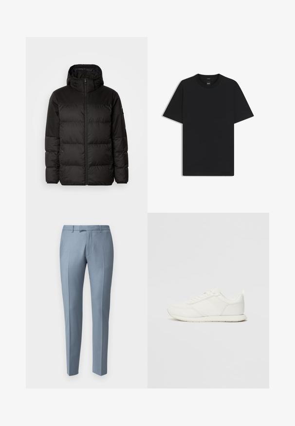 Sort pufferjakke med lynlås, hætte, quiltede sektioner og elastiske manchetter, lavet af et glat, vandafvisende materiale.; Sort kortærmet T-shirt lavet af en glat bomuldsblanding, med en rund halsudskæring og et minimalistisk design uden mønstre eller accenter.; Lyseblå skræddersyede bukser lavet af et glat stof, med flat front, lige ben og diskrete plisseringer.; Hvid sneaker med en overdel af mesh og syntetisk materiale, rund tå, flade snørebånd og en struktureret side-stribe. Gummisål med en træktab bagpå.
