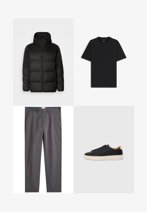 Zwarte pufferjas met ritsluiting, een capuchon, gequiltte secties en elastische manchetten, gemaakt van een glad, waterafstotend materiaal.; Zwarte korte mouwen T-shirt van een gladde katoenmix, met een ronde halslijn en een minimalistisch ontwerp zonder patronen of accenten.; Grijze katoenen broek met een rechte pijp, knoopsluiting en zijzakken. Vloeiende textuur met subtiele stikseldetails.; Zwarte leren sneakers met een gladde textuur, beige rubberen zool, vetersluiting en een contrasterende hielaccent.