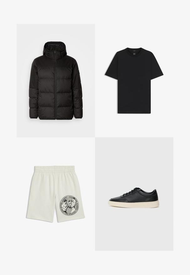 Sort pufferjakke med lynlås, hætte, quiltede sektioner og elastiske manchetter, lavet af et glat, vandafvisende materiale.; Sort kortærmet T-shirt lavet af en glat bomuldsblanding, med en rund halsudskæring og et minimalistisk design uden mønstre eller accenter.; Cremefarvede shorts med elastisk talje, prydet med et sort grafisk motiv af to boksere og teksten "Hugo Boxing Academy 1993 Athletics" på benet.; Sort lavt top lædersneaker med sorte snørebånd og off-white sål vist i sideprofil på hvid baggrund.