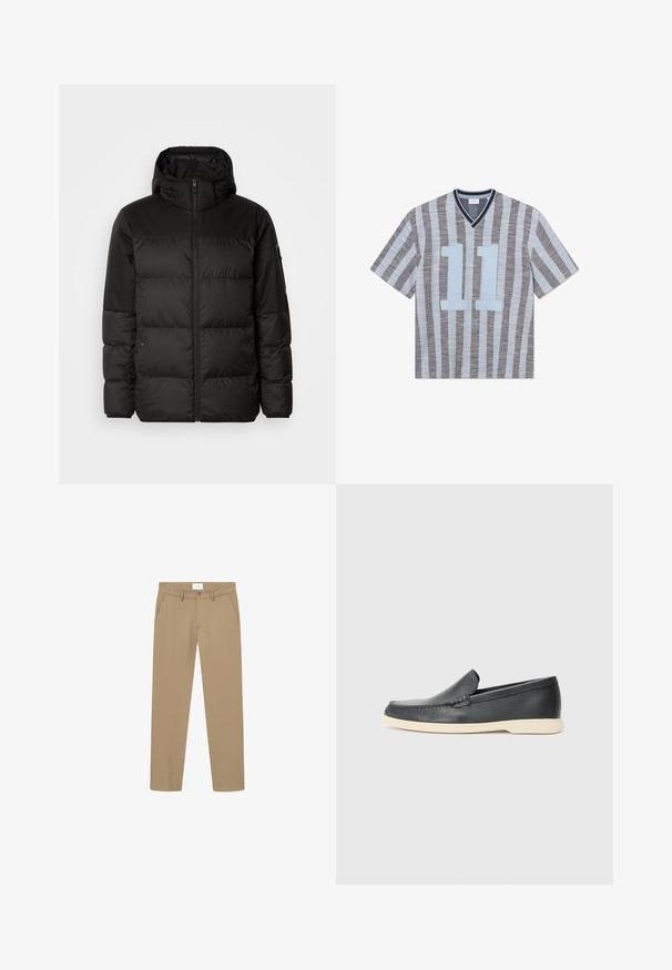 Črna zimska jakna ima zadrgo, kapuco, prešite odseke in elastične manšete, izdelana je iz gladkega, vodoodpornega materiala.; Polo majica s kratkimi rokavi z ozkimi modrimi in sivo-belimi črtami. Ima V-izrez, pogumno modro številko "11" spredaj in teksturirano tkanino.; Bež hlače z gladko teksturo, ravnim krojem, sprednjimi žepi in gumbom za zapiranje. Oznaka vidna na pasu.; Črne usnjene natikače z teksturiranim zaključkom in kontrastno bež gumo na podplatu. Imajo subtilen naglas vzdolž sprednje strani.