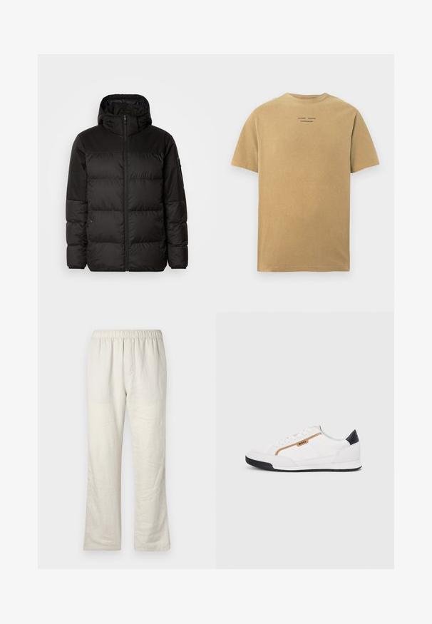 A jaqueta puffer preta apresenta um fecho zip, um capuz, secções acolchoadas e punhos elásticos, confeccionada em um material liso e resistente à água.; T-shirt de manga curta em tom bege claro, feita em algodão. Apresenta decote redondo e texto da marca impresso nas costas.; Calças de linho leves em bege, com cintura elástica, corte reto e sem bolsos ou fechos visíveis.; Tênis atléticos brancos com detalhes em malha e couro. Apresenta um logotipo dourado "BOSS", painéis laterais texturizados e um capô de calcanhar preto. Sola em borracha.