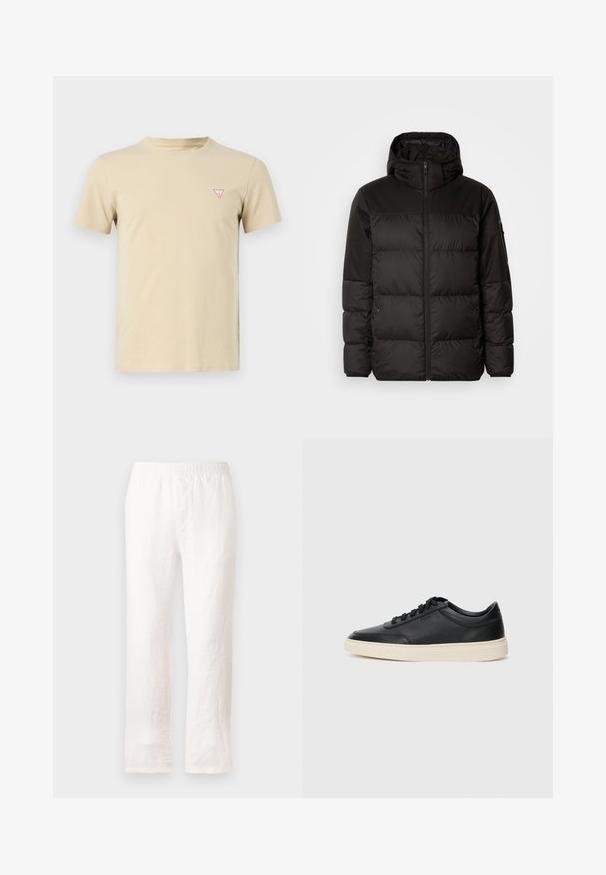 Il giubbotto puffo nero presenta una chiusura con zip, un cappuccio, sezioni trapuntate e polsini elastici, realizzato in un materiale liscio e resistente all'acqua.; T-shirt in cotone beige con collo a giro, maniche corte e un piccolo logo a triangolo rosso sul lato sinistro del petto. Design semplice, texture morbida.; Pantaloni bianchi in lino con vita elasticizzata, design a gamba dritta e tessuto leggermente strutturato. Nessun motivo o dettagli aggiuntivi.; Sneaker in pelle nera a basso profilo con lacci neri e suola avorio, mostrato di profilo su sfondo bianco.