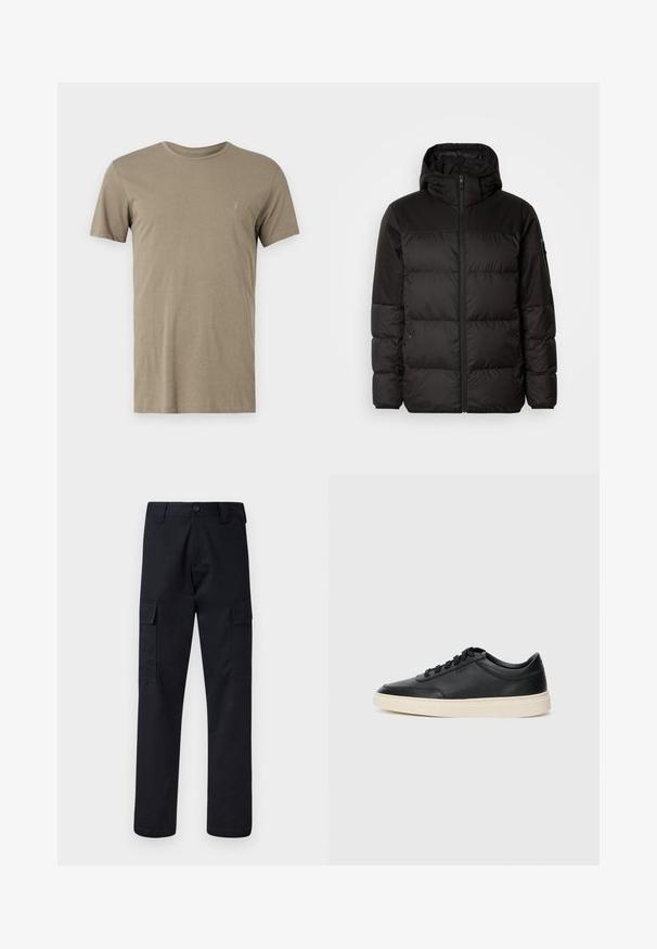 Črna zimska jakna ima zadrgo, kapuco, prešite odseke in elastične manšete, izdelana je iz gladkega, vodoodpornega materiala.; Khaki majica s kratkimi rokavi, izdelana iz mehkega materiala, z okroglo ovratnico in majhnim vezenim logotipom na levem prsnem delu.; Črne cargo hlače iz trpežnega blaga, z ravnim krojem, dvema stranskima žepoma in gumbom za zapiranje na pasu.; Črne nizke usnjene teniske s črnimi vezalkami in svetlo belo podplatom, prikazane v stranskem profilu na beli podlagi.