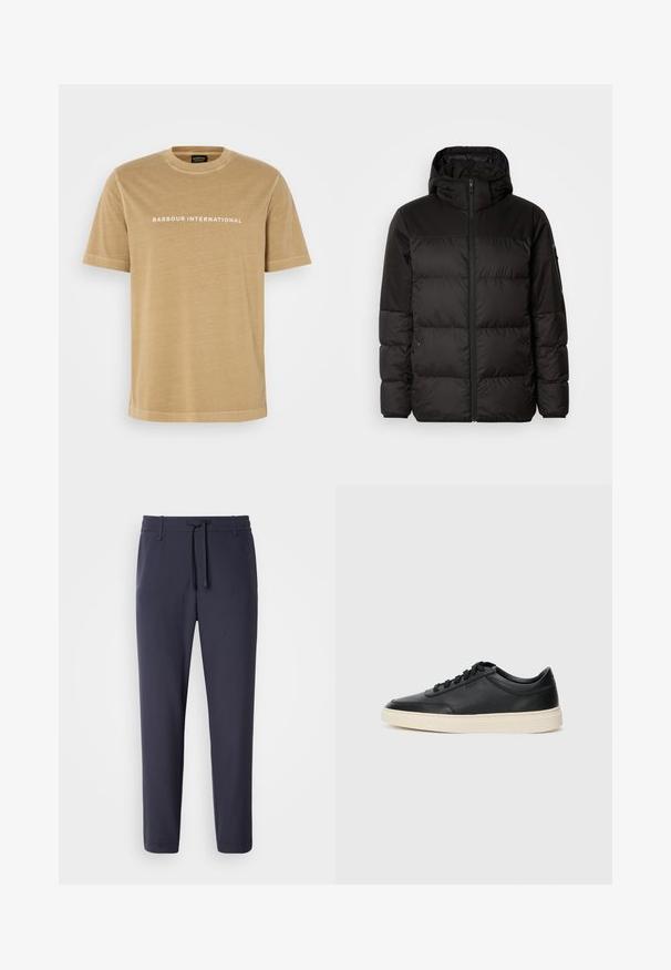 A jaqueta puffer preta apresenta um fecho zip, um capuz, secções acolchoadas e punhos elásticos, confeccionada em um material liso e resistente à água.; T-shirt de algodão bege com mangas curtas e decote redondo, com a inscrição branca "BARBOUR INTERNATIONAL" na parte da frente. Textura suave.; Calças de jogging navais com cintura elástica e cordão. Feitas de um material suave, com pernas afuniladas e sem bolsos visíveis.; Sapatilha preta de cano baixo em pele com atacadores pretos e sola off-white, apresentada em perfil lateral sobre fundo branco.