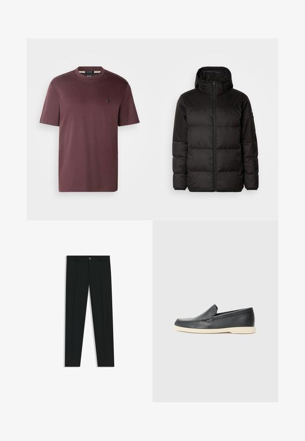 Black puffer jacket features a zip closure, a hood, quilted sections, and elastic cuffs, made from a smooth, water-resistant material.; BOSS TAUT - Basic T-shirt - open red; Black dress pants with a straight-leg design, made of smooth fabric. Features a front button closure and belt loops. Plain without patterns.; Black leather slip-on loafers with a textured finish and a contrasting beige rubber sole. Features a subtle accent along the front.
