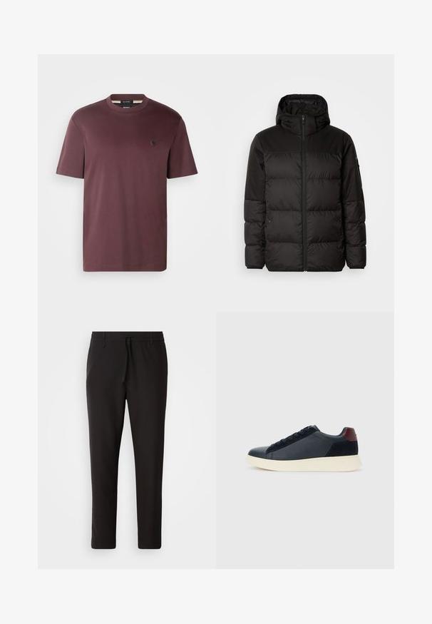 A jaqueta puffer preta apresenta um fecho zip, um capuz, secções acolchoadas e punhos elásticos, confeccionada em um material liso e resistente à água.; BOSS TAUT - T-shirt básica - open red; Calças de jogging pretas feitas de tecido liso. Apresentam uma cintura elástica com cordão, pernas ligeiramente ajustadas e sem bolsos visíveis. Design simples.; Sapatilha baixa masculina em couro preto e camurça com aba de calcanhar em amarelo-escuro e sola de borracha branca, vista do lado exterior.