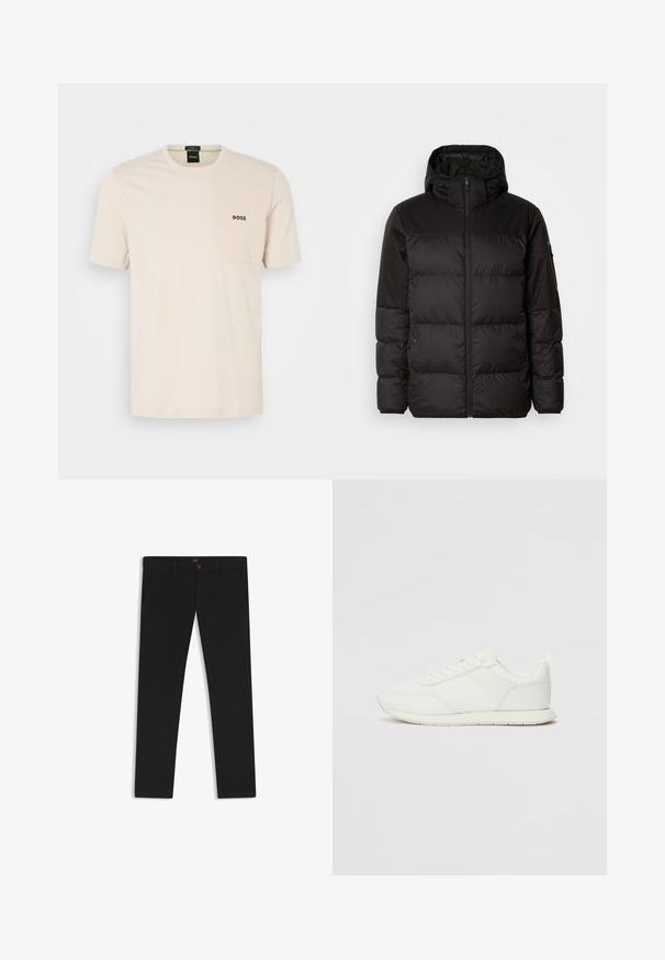 Musta puhvijakku sisältää vetoketjun, hupun, tilkuista koostuvia osioita ja joustavat hihansuut. Se on valmistettu sileästä, vedenpitävästä materiaalista.; Beige puuvillane t-särk, millel on ümberkaudne kaelus, lühikesed varrukad ja tekstureeritud tasku vasakul rinnal, millel on must "BOSS" logo.; Mustat housut, jotka on valmistettu sileätekstiilisestä kankaasta. Varustettu nappikiinnityksellä, vyölenkeillä ja sivutaskuilla. Standardi suora lahjemalli.; Valkoiset tennarit, joissa on verkkokankainen ja synteettinen yläosa, pyöreä kärki, litteät nauhat sekä teksturoitu sivuviiru. Kumipohja ja vetoketju takana.