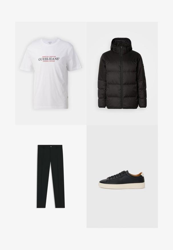 Musta puhvijakku sisältää vetoketjun, hupun, tilkuista koostuvia osioita ja joustavat hihansuut. Se on valmistettu sileästä, vedenpitävästä materiaalista.; Valkoinen puuvillainen t-paita, jossa on pyöreä kaula-aukko ja lyhyet hihat. Paidassa on punaiset ja mustat tekstit "GUESS JEANS" ja "AMERICAN TRADITION."; Musta housut, joissa on suora lahje, valmistettu sileästä kankaasta. Edessä nappisulku ja vyölenkit. Yksinkertainen ilman kuvioita.; Mustat nahkasneakerit, joissa on sileä pinta, beige kumipohja, nauhakiinnitys ja erottuva kanta-aksentti.