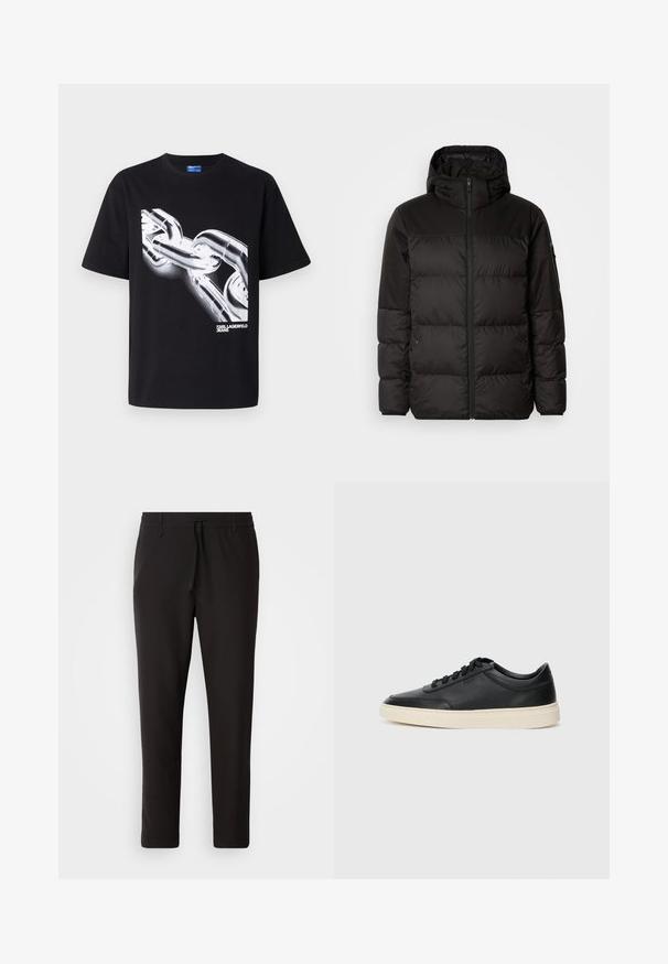 A jaqueta puffer preta apresenta um fecho zip, um capuz, secções acolchoadas e punhos elásticos, confeccionada em um material liso e resistente à água.; T-shirt de algodão preta com um gráfico branco de uma corrente e o texto "KARL LAGERFELD JEANS" numa fonte moderna e em negrito na parte inferior.; Calças de jogging pretas feitas de tecido liso. Apresentam uma cintura elástica com cordão, pernas ligeiramente ajustadas e sem bolsos visíveis. Design simples.; Sapatilha preta de cano baixo em pele com atacadores pretos e sola off-white, apresentada em perfil lateral sobre fundo branco.