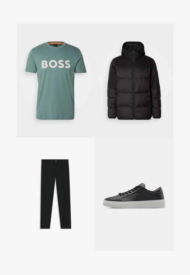 Musta puhvijakku sisältää vetoketjun, hupun, tilkuista koostuvia osioita ja joustavat hihansuut. Se on valmistettu sileästä, vedenpitävästä materiaalista.; BOSS THINKING - Printtipaita - open green; Musta housut, joissa on suora lahje, valmistettu sileästä kankaasta. Edessä nappisulku ja vyölenkit. Yksinkertainen ilman kuvioita.; Mustat nahkakengät, joissa on sileä pinta, pyöreä kärki ja mustat nauhat. Varustettu paksulla, valkoisella kumipohjalla, jossa on hienovaraisia geometrisia yksityiskohtia.