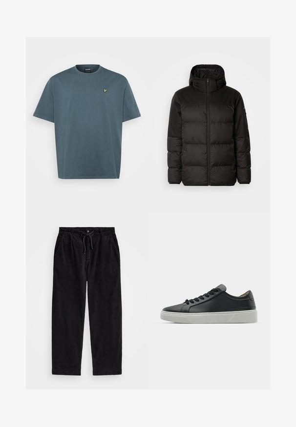 Black puffer jacket features a zip closure, a hood, quilted sections, and elastic cuffs, made from a smooth, water-resistant material.; Light blue cotton t-shirt, short sleeves, round neckline, featuring an embroidered yellow bird logo on the left chest. Simple design.; Black corduroy pants with a relaxed fit, featuring an elastic waistband with a drawstring, and side pockets. Fabric shows ribbed texture.; Black leather sneaker with a smooth texture, round toe, and black laces. Features a thick, white rubber sole with subtle geometric accents.