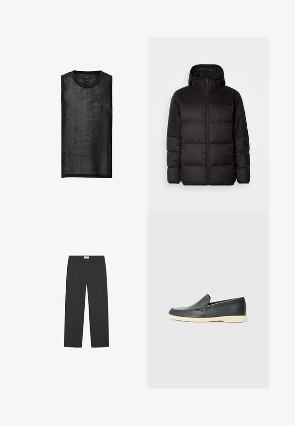 Černá péřová bunda má zipový uzávěr, kapuci, prošívané části a elastické manžety, vyrobená z hladkého, voděodolného materiálu.; Černý bezrukávový síťovaný top s mřížkovým vzorem, kulatým výstřihem a surovými okraji. Lehká a prodyšná tkanina s uvolněným střihem.; Černé kalhoty vyrobené z lehkého materiálu. Mají rovný střih s plochým předním dílem, bočními kapsami a diskrétními pasem.; Černé kožené mokasíny na klínku s texturovaným povrchem a kontrastní béžovou gumovou podrážkou. Vyznačují se jemným akcentem podél přední části.
