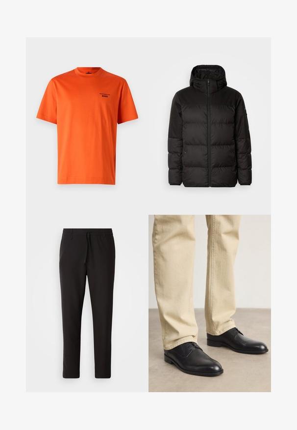 Melna pūkainā jakā iezīmes ir rāvējslēdzēja aizdare, kapuce, kvadrātveida šuves un elastīgas aproces, izgatavota no gludas, ūdensizturīgas vielas.; Oranža kokvilnas t-kreklu ar apaļu kaklu, īsām piedurknēm un melnu logotipa printu kreisajā krūtē. Gluda tekstūra un vienkāršs dizains.; Melnas sporta bikses no gludas auduma. Tām ir elastīga josta ar auklu, sašaurinātas kājas un nav redzamu kabatu. Vienkāršs dizains.; Melnas ādas kurpes ar auklēm, ar noapaļotu degunu, gludu apdari un smalkiem šuvēm, valkātas ar gaiši bežām biksēm.