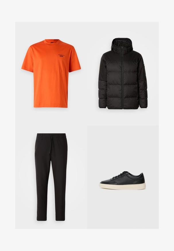 Černá péřová bunda má zipový uzávěr, kapuci, prošívané části a elastické manžety, vyrobená z hladkého, voděodolného materiálu.; Oranžové bavlněné tričko s kulatým výstřihem, krátkými rukávy a černým potiskem loga na levé hrudi. Hladká textura a jednoduchý design.; Černé teplákové kalhoty vyrobené z hladké látky. Mají elastický pas se šňůrkou, zúžené nohavice a žádné viditelné kapsy. Jednoduchý design.; Černé kožené nízké tenisky s černými tkaničkami a slonovinovou podešví, zobrazené v bočním profilu na bílém pozadí.
