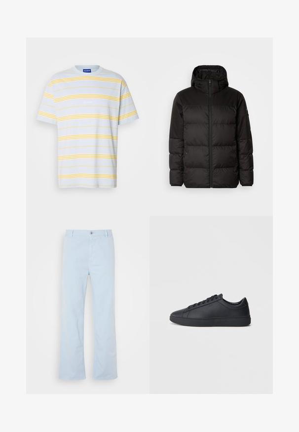 Black puffer jacket features a zip closure, a hood, quilted sections, and elastic cuffs, made from a smooth, water-resistant material.; Light blue cotton T-shirt with horizontal yellow stripes. Features a crew neckline and embroidered "HUGO" logo in white on the front.; Light blue cotton pants with a straight cut, front button closure, and side pockets. Smooth texture and minimal stitching details.; Black sneakers made of smooth leather with a low-top design, round toe, and flat rubber sole. Features laces and subtle branding.