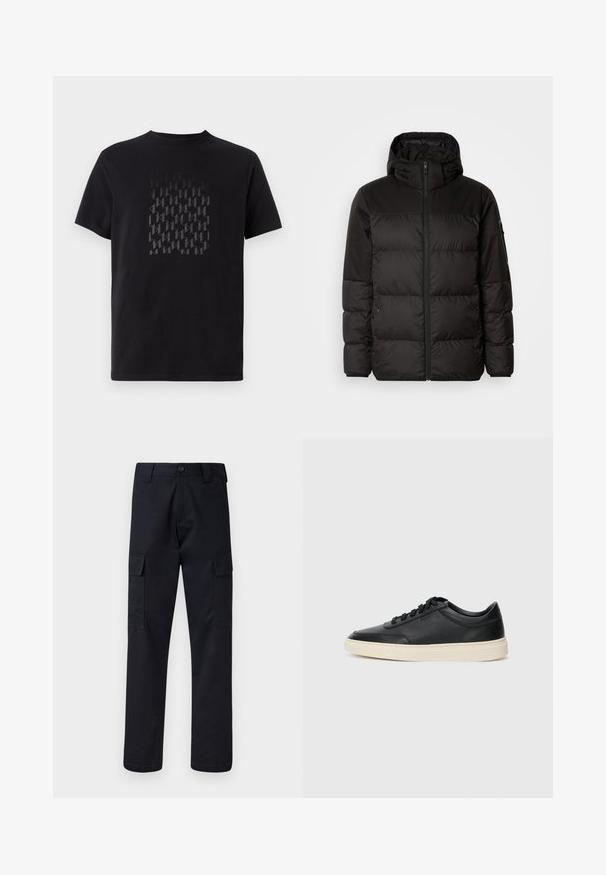 Μαύρο μπουφάν με φερμουάρ, κουκούλα, παραγεμισμένα τμήματα και ελαστικές μανσέτες, κατασκευασμένο από λείο, αδιάβροχο υλικό.; Μαύρο βαμβακερό t-shirt με υφασμάτινο γεωμετρικό μοτίβο σε σκούρο γκρι, που διαθέτει κοντά μανίκια και στρογγυλή λαιμόκοψη.; Μαύρο cargo παντελόνι φτιαγμένο από ανθεκτικό ύφασμα, με κανονική γραμμή στα πόδια, δύο πλαϊνές τσέπες και κουμπί στο κλείσιμο της μέσης.; Μαύρο δερμάτινο σνίκερ χαμηλού προφίλ με μαύρες κορδόνες και ελαφρώς λευκή σόλα, εμφανίζεται σε πλάγια προφίλ σε λευκό φόντο.