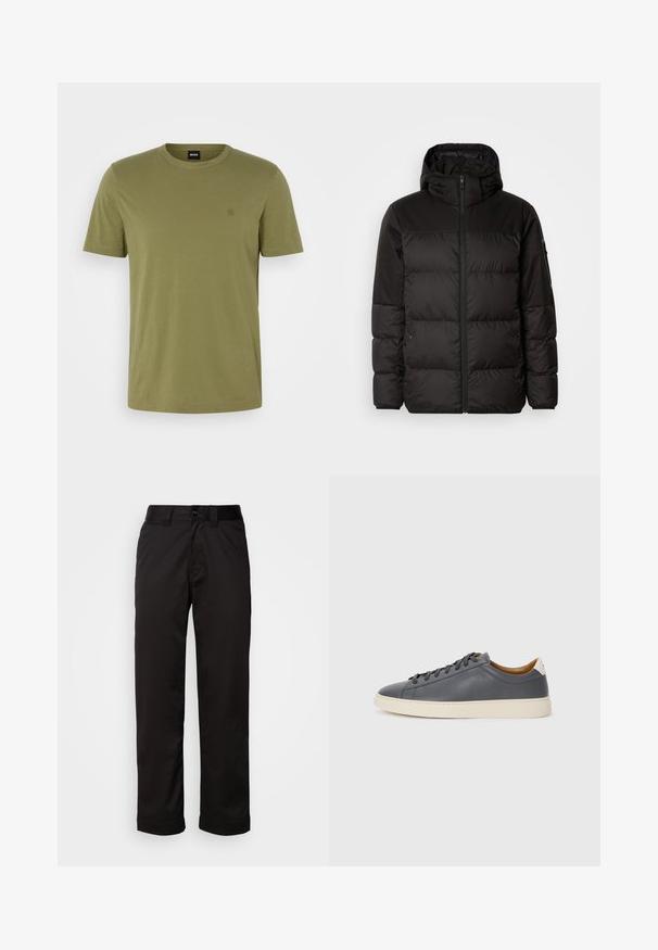 Črna zimska jakna ima zadrgo, kapuco, prešite odseke in elastične manšete, izdelana je iz gladkega, vodoodpornega materiala.; Olivnozeleni bombažni T-majica s krojem na vratu, kratkimi rokavi in diskretnim logotipom na prsih. Gladka tekstura, sproščen dizajn.; Črne hlače iz gladkega blaga z zadrgo, gumbom za zapiranje in zavihanimi hlačnicami za sproščen videz.; Sive usnjene superge z okroglo konico, gumijastim podplatom, ravnimi vezalkami in svetlimi poudarki na peti. Gladka textura in minimalističen dizajn.