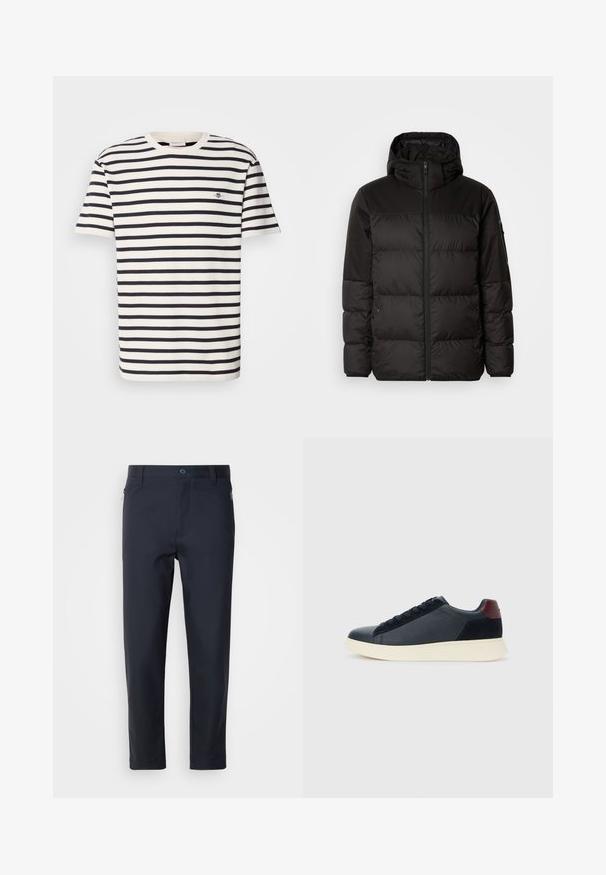 Zwarte pufferjas met ritsluiting, een capuchon, gequiltte secties en elastische manchetten, gemaakt van een glad, waterafstotend materiaal.; Korte mouw T-shirt in crème en marineblauwe strepen, gemaakt van katoen. Heeft een geribbelde ronde hals en een klein geborduurd logo op de borst.; Marineblauwe op maat gemaakte broek van gladde stof, met een ritszak, rechte pijpen en een knoopsluiting bij de taille.; Lage herensneaker van zwart leer en suede met een bordeauxrode hieltab en een witte rubberen zool, gezien vanuit de buitenkant.