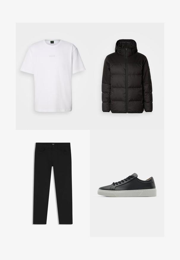 Black puffer jacket features a zip closure, a hood, quilted sections, and elastic cuffs, made from a smooth, water-resistant material.; White cotton t-shirt with short sleeves, round neckline, and embossed "BOSS" logo on the chest. Smooth texture, standard fit.; Black denim trousers with a straight cut, featuring a standard waistband, five pockets, and a button closure. Smooth texture throughout.; Black leather sneaker with a smooth texture, round toe, and black laces. Features a thick, white rubber sole with subtle geometric accents.