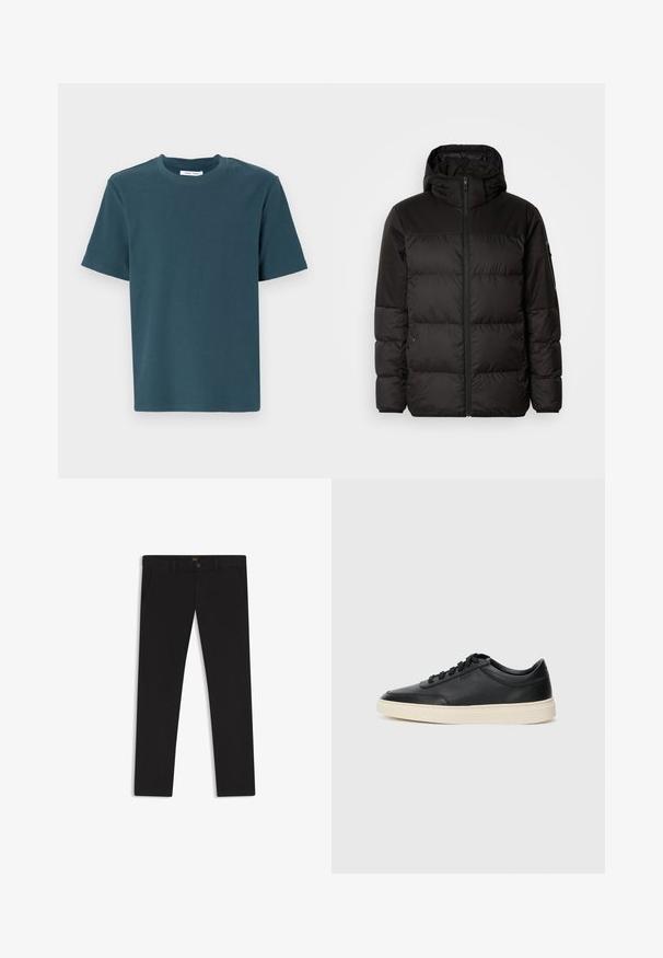 Czarna kurtka puchowa z zapięciem na zamek, kapturem, pikowanymi sekcjami i elastycznymi mankietami, wykonana z gładkiego, wodoodpornego materiału.; Ciemnoniebieski t-shirt z krótkim rękawem i okrągłym dekoltem. Wykonany z miękkiego, teksturowanego materiału. Prosty krój bez wzorów i akcentów.; Czarne spodnie uszyte z materiału o gładkiej teksturze. Posiadają zapięcie na guzik, szlufki na pasek oraz boczne kieszenie. Standardowy krój prostych nogawek.; Czarne niskie skórzane sneakersy z czarnymi sznurówkami i off-white podeszwą, prezentowane w profilu bocznym na białym tle.