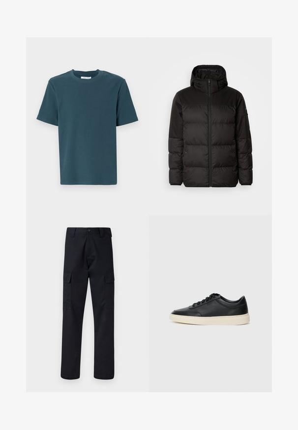 Mustikas puffer-jakk sisaldab tõmblukku, kapuutsi, tikandiga osi ja elastseid mansette, valmistatud siledast veekindlast materjalist.; Tume teali lühikeste varrukatega T-särk ümmarguse dekolteega. Valmistatud pehmest, tekstuuriga materjalist. Sirge lõige, ilma mustrite või aktsentideta.; Mustad mustad püksid, mis on valmistatud tugevast materjalist, sirge lõikega, kaht küljetaskut ja nööbiga sulgemist vöökoha juures.; Mustad musta nahast madal sneaker mustade nööpidega ja kreemivalge tallaga, nähtud külgprofiilis valge tausta ees.