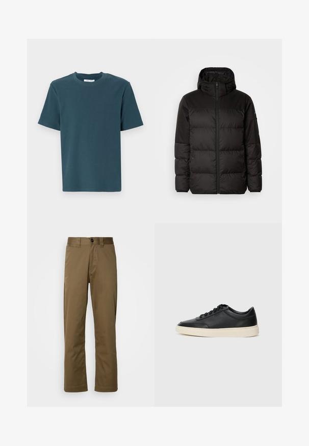 A jaqueta puffer preta apresenta um fecho zip, um capuz, secções acolchoadas e punhos elásticos, confeccionada em um material liso e resistente à água.; T-shirt de manga curta em azul escuro, com decote redondo. Feito de material suave e texturizado. Corte reto, sem padrões ou detalhes.; Calças castanhas de perna reta feitas de tecido entrelaçado. Apresenta um fecho com botão, bolsos laterais e uma textura suave. Ajuste sob medida.; Sapatilha preta de cano baixo em pele com atacadores pretos e sola off-white, apresentada em perfil lateral sobre fundo branco.