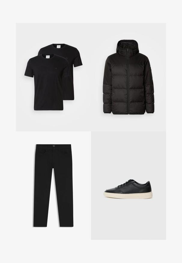 Czarna kurtka puchowa z zapięciem na zamek, kapturem, pikowanymi sekcjami i elastycznymi mankietami, wykonana z gładkiego, wodoodpornego materiału.; Czarne bawełniane t-shirty z okrągłym dekoltem i krótkimi rękawami. Zawierają małe logo na piersi. Dostarczane w pakiecie po dwa sztuki.; Czarne dżinsy o prostym kroju, z klasycznym paskiem, pięcioma kieszeniami i zapięciem na guzik. Gładka faktura na całej powierzchni.; Czarne niskie skórzane sneakersy z czarnymi sznurówkami i off-white podeszwą, prezentowane w profilu bocznym na białym tle.