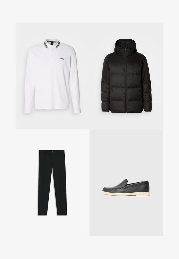 Svart puffjacka med blixtlås, huva, quiltade sektioner och elastiska mudd, tillverkad av ett slätt, vattentåligt material.; Vit långärmad polo med svart logotyp, har en placket med tre knappar och en randig krage i grönt och svart.; Svarta dressbyxor med rak bendesign, gjorda av ett mjukt tyg. Har stängning med frontknapp och bälteshällor. Enfärgade utan mönster.; Svarta läder slip-on loafers med en texturerad yta och en kontrasterande beige gummisula. Har en subtil accent längs fram.