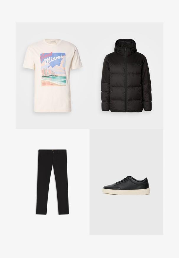 Svart puffjacka med blixtlås, huva, quiltade sektioner och elastiska mudd, tillverkad av ett slätt, vattentåligt material.; Krämfärgad bomull T-shirt med ett grafiktryck av Miami skyline, vågor och moln i pastellfärger, med texten "GANT Miami" och "Greetings From Florida".; Svarta byxor gjorda av tyg med en slät textur. Har en knäppning med knapp, bälteshällor och sidofickor. Standard rakt ben-design.; Svart låg skor i läder med svarta snören och off-white sula, visas i sidoprofil på vit bakgrund.