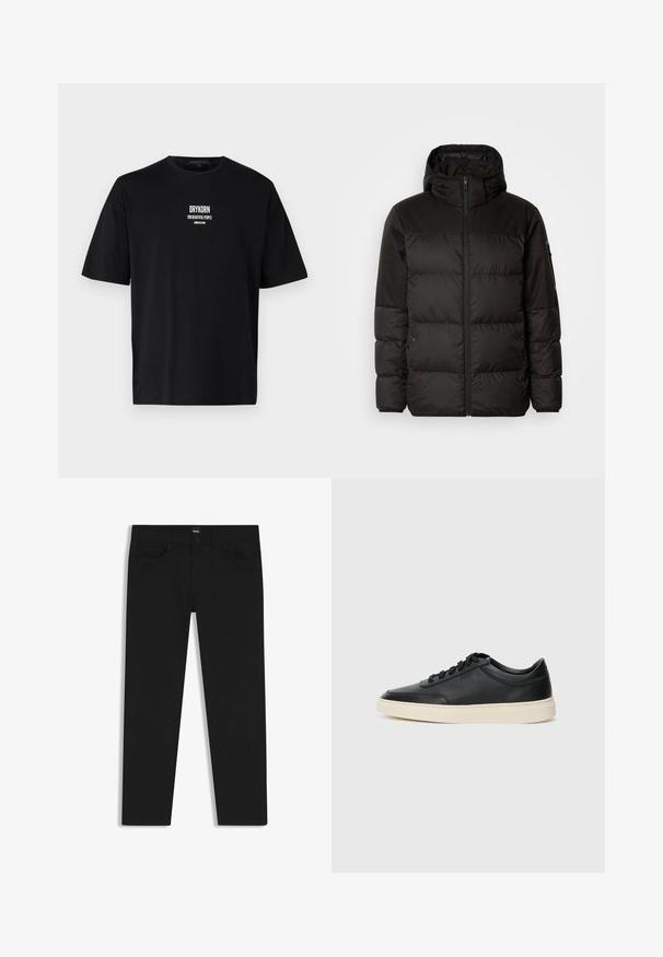 Black puffer jacket features a zip closure, a hood, quilted sections, and elastic cuffs, made from a smooth, water-resistant material.; Black cotton t-shirt with short sleeves and round neckline. Features white text logo "DRYKORN FOR BEAUTIFUL PEOPLE" on the front.; Black denim trousers with a straight cut, featuring a standard waistband, five pockets, and a button closure. Smooth texture throughout.; Black low-top leather sneaker with black laces and off-white sole shown in side profile on white background.
