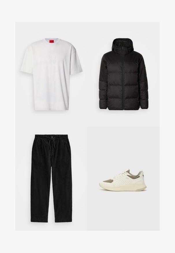 Črna zimska jakna ima zadrgo, kapuco, prešite odseke in elastične manšete, izdelana je iz gladkega, vodoodpornega materiala.; Bela bomba majica iz bombaža z okroglim izrezom, spuščenimi rameni in embosiranim logotipom "HUGO" na sprednji strani. Gladek material, sproščen kroj.; Črne kord pants z udobnim krojem, ki imajo elastičen pas z vrvico in stranske žepke. Tkanina prikazuje rebrasto teksturo.; Beli in svetlo bež športni copat, s mrežastim zgornjim delom, perforiranimi detajli in teksturirano srednjim delom z blagovno znamko na peti.