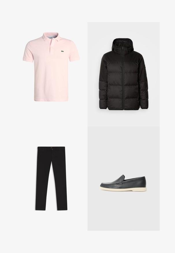 Svart puffjacka med blixtlås, huva, quiltade sektioner och elastiska mudd, tillverkad av ett slätt, vattentåligt material.; Pikétröja i ljusrosa bomull med klassisk krage, två knappar och en liten grön krokodil-logotyp på vänster bröst. Korta ärmar.; Svarta byxor gjorda av tyg med en slät textur. Har en knäppning med knapp, bälteshällor och sidofickor. Standard rakt ben-design.; Svarta läder slip-on loafers med en texturerad yta och en kontrasterande beige gummisula. Har en subtil accent längs fram.